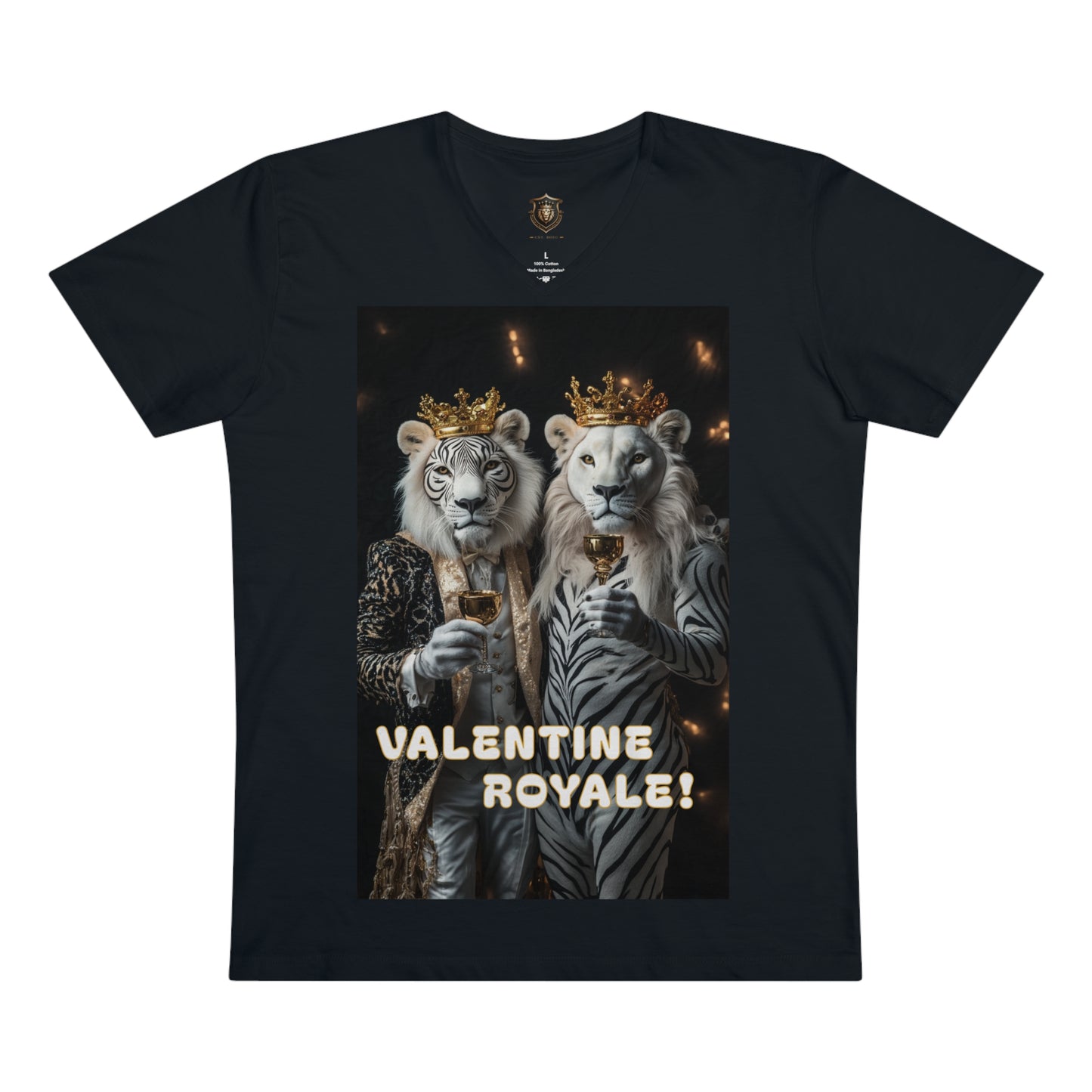 "Valentine Royale" V-Neck – 100% Organic Cotton, Elegant Lion Toast Design