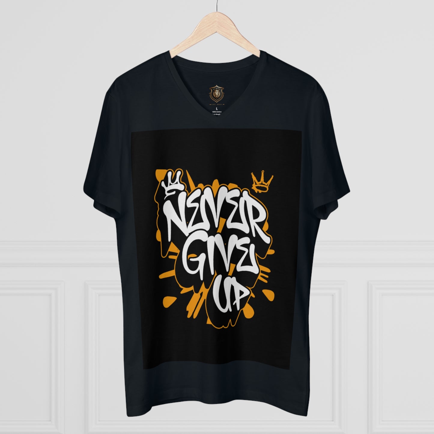 "Never Give Up" V-Neck T-Shirt – Organic Cotton, Bold Statement Design