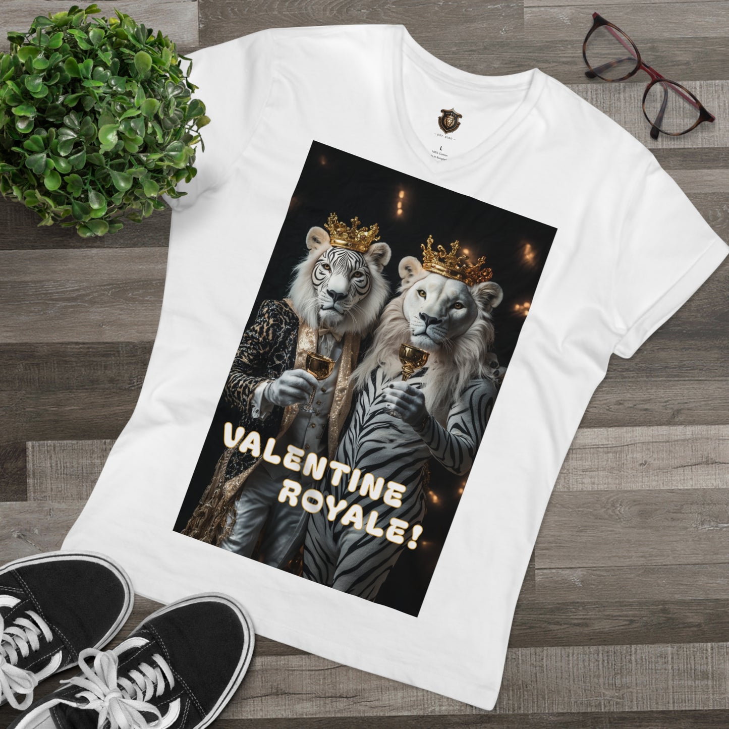 "Valentine Royale" V-Neck – 100% Organic Cotton, Elegant Lion Toast Design