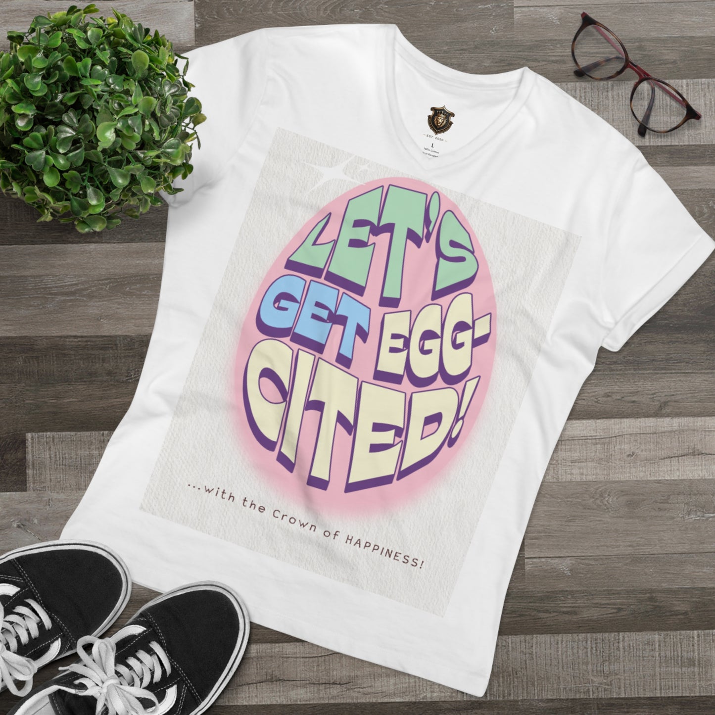 "Let’s Get Egg-Cited" V-Neck T-Shirt – Fun & Playful Egg-Inspired Design