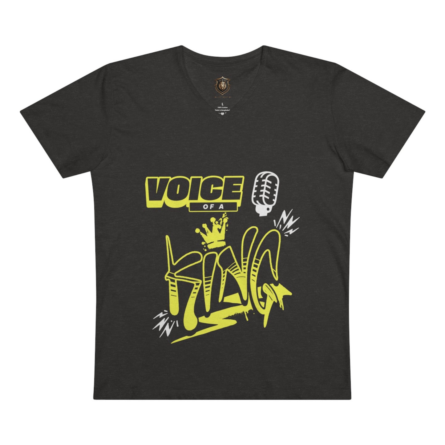 "Voice of a King" V-Neck – 100% Organic Cotton, Crown & Microphone Design