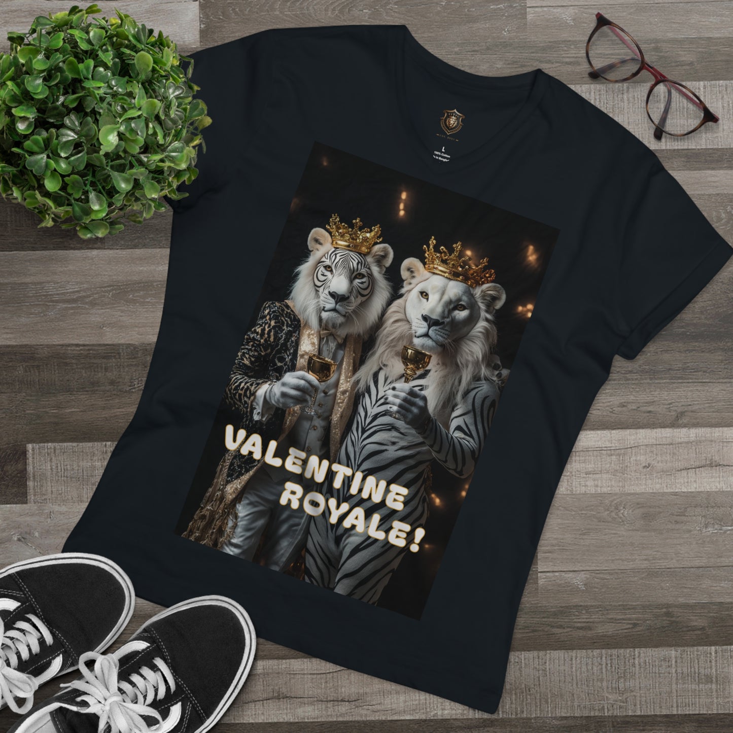 "Valentine Royale" V-Neck – 100% Organic Cotton, Elegant Lion Toast Design