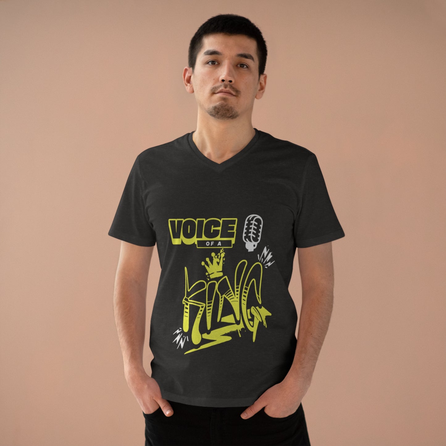 "Voice of a King" V-Neck – 100% Organic Cotton, Crown & Microphone Design