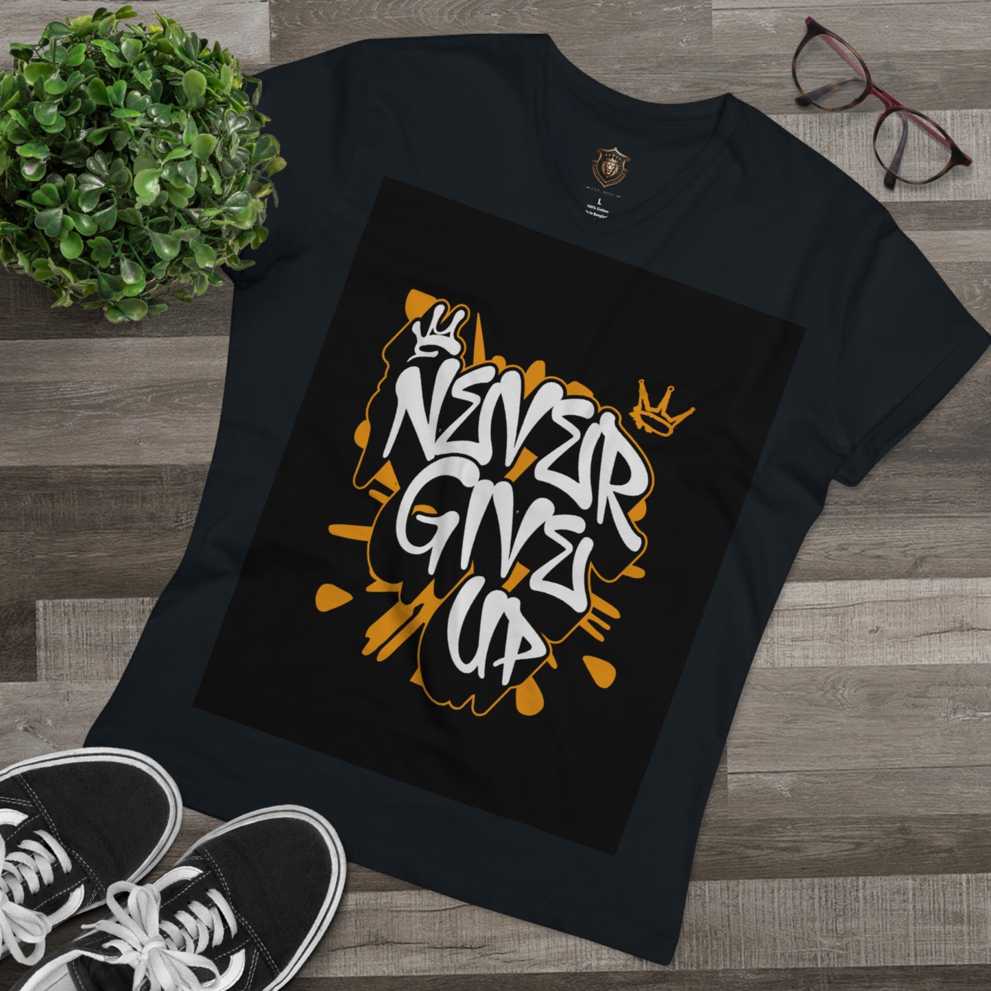 "Never Give Up" V-Neck T-Shirt – Organic Cotton, Bold Statement Design