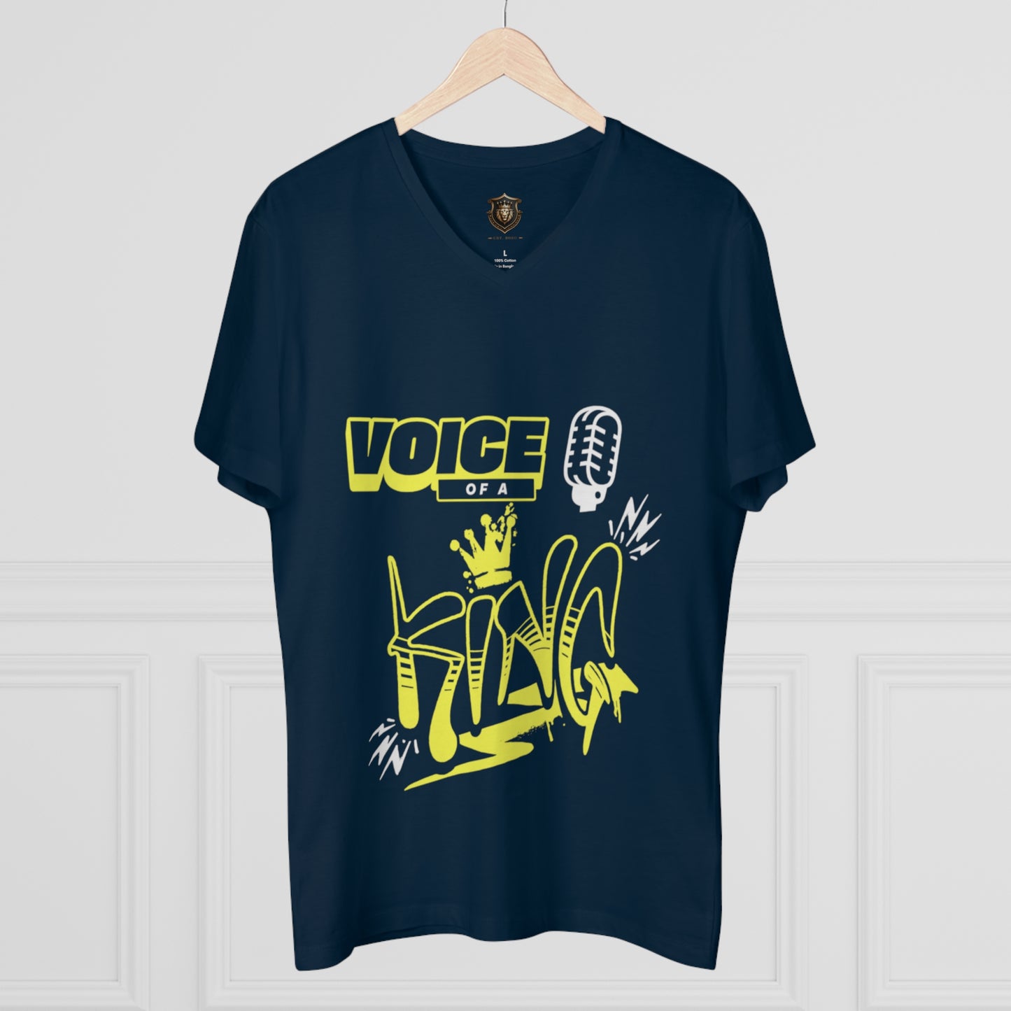 "Voice of a King" V-Neck – 100% Organic Cotton, Crown & Microphone Design