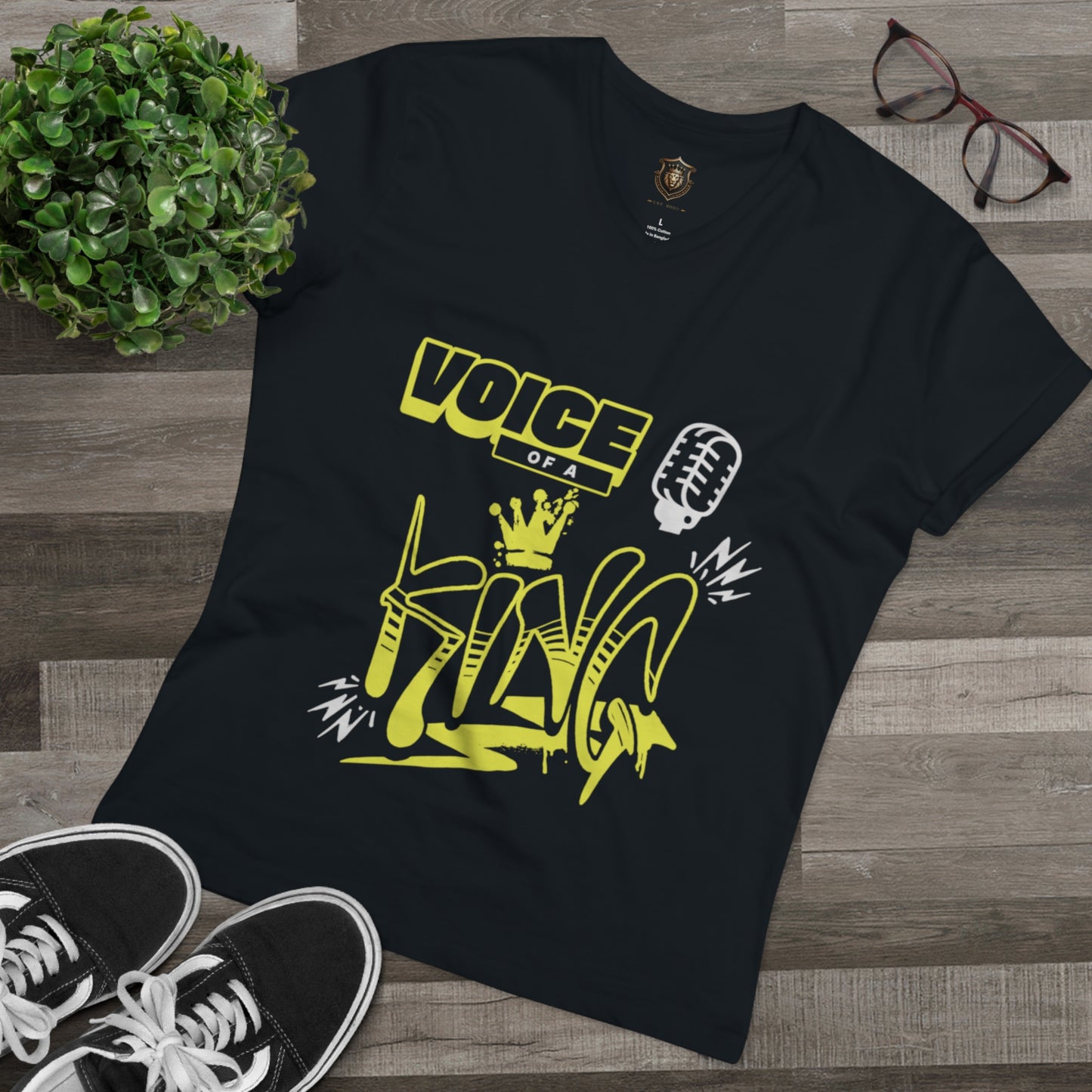 "Voice of a King" V-Neck – 100% Organic Cotton, Crown & Microphone Design