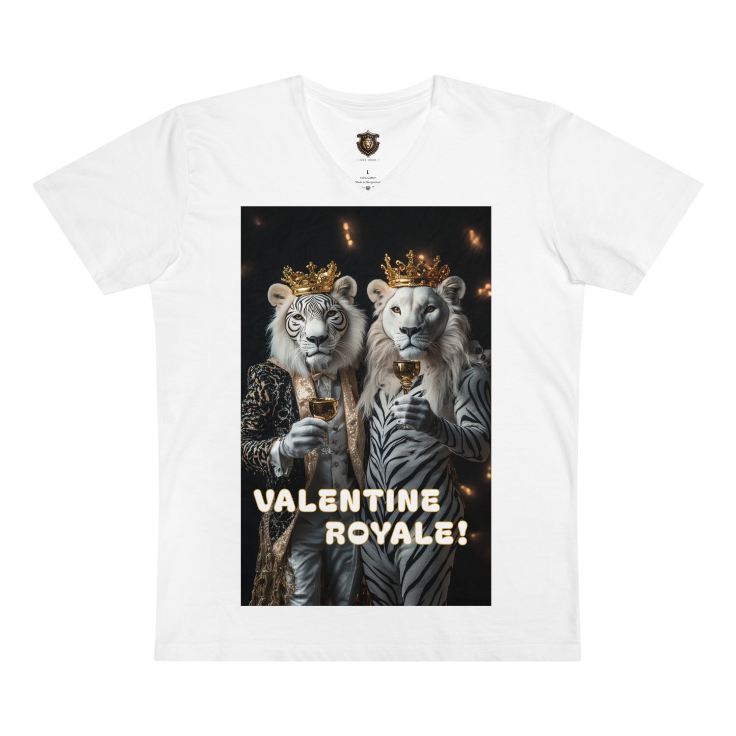 "Valentine Royale" V-Neck – 100% Organic Cotton, Elegant Lion Toast Design