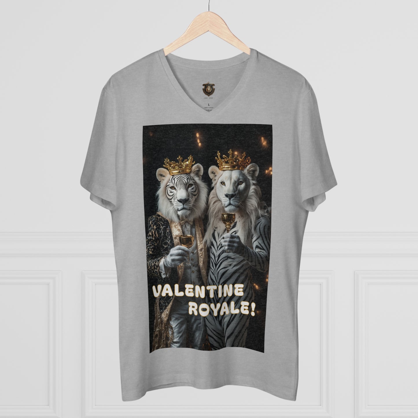 "Valentine Royale" V-Neck – 100% Organic Cotton, Elegant Lion Toast Design