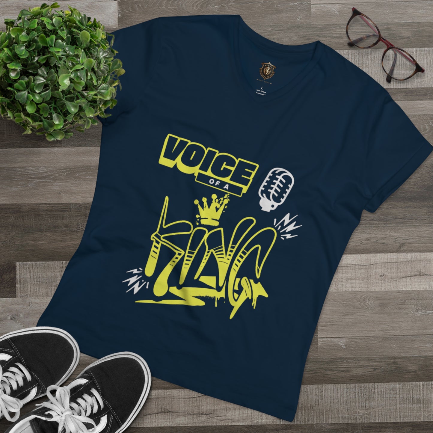 "Voice of a King" V-Neck – 100% Organic Cotton, Crown & Microphone Design