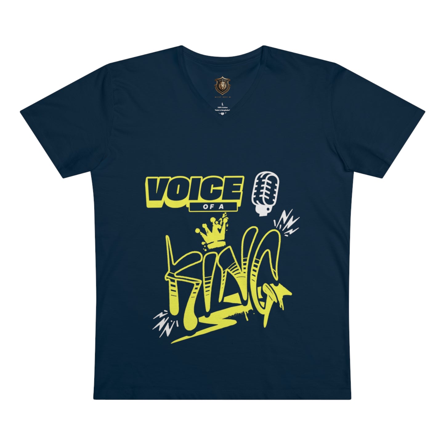 "Voice of a King" V-Neck – 100% Organic Cotton, Crown & Microphone Design