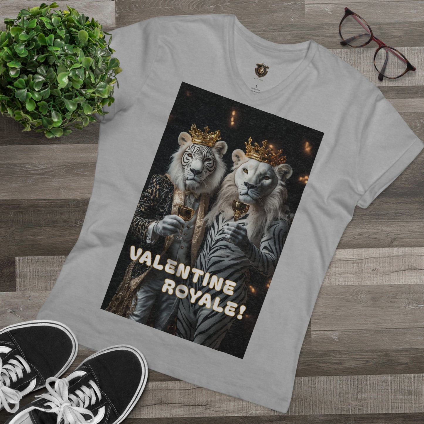 "Valentine Royale" V-Neck – 100% Organic Cotton, Elegant Lion Toast Design