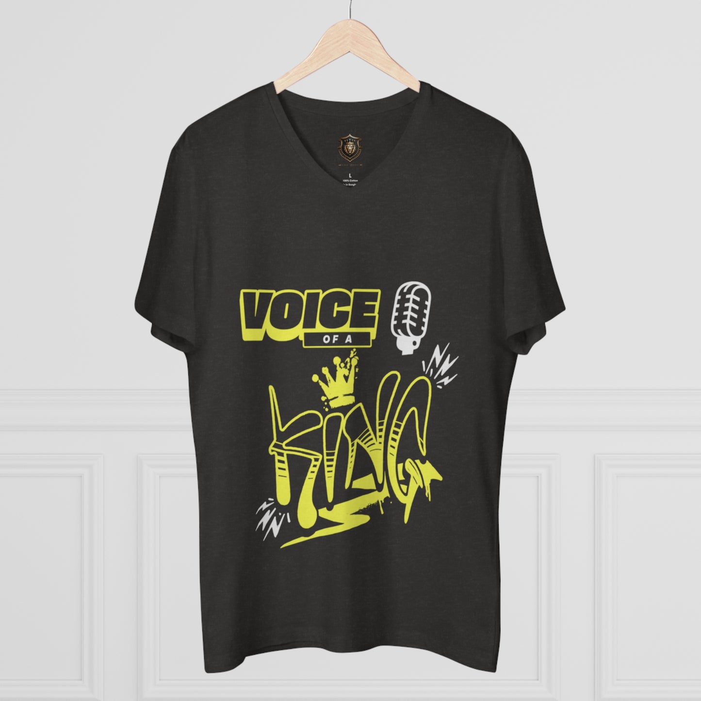 "Voice of a King" V-Neck – 100% Organic Cotton, Crown & Microphone Design