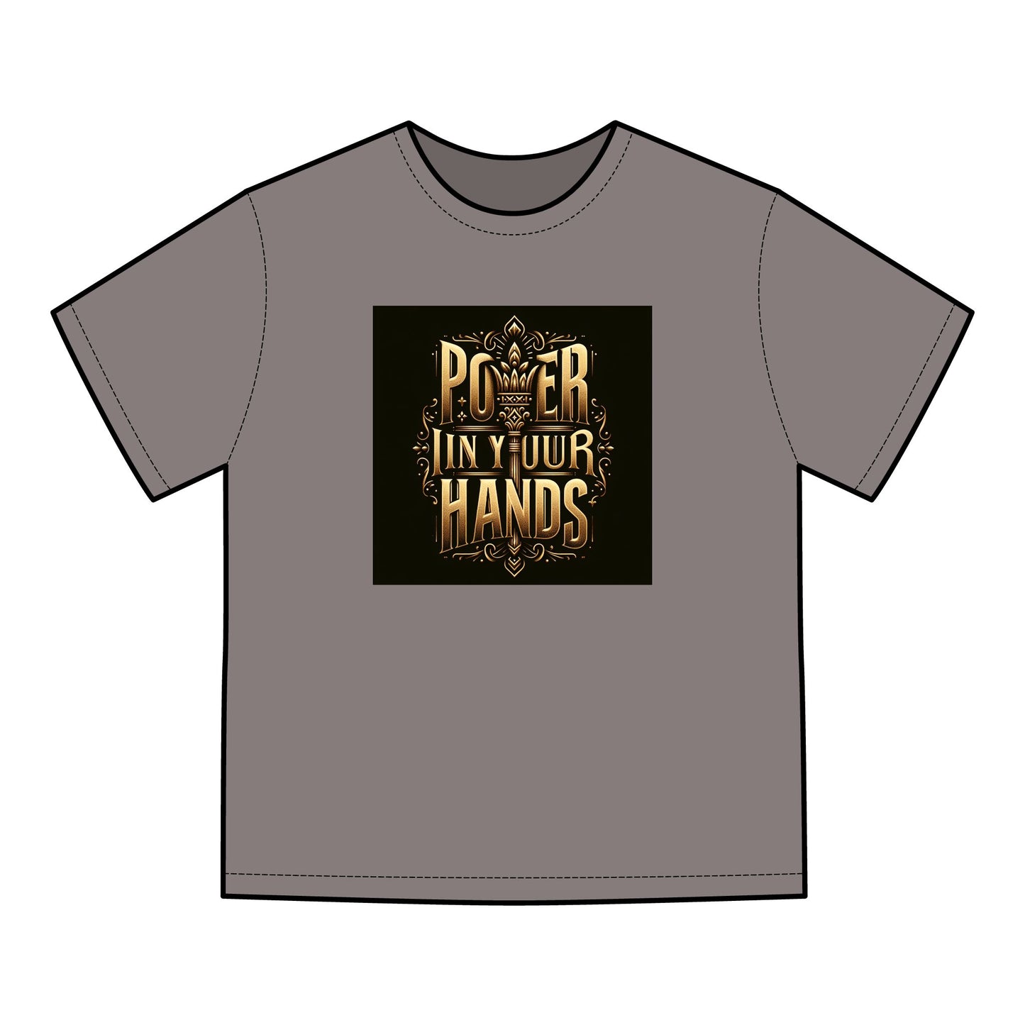 "Power in Your Hands" T-Shirt – Vintage-Washed Cotton, Bold Golden Design