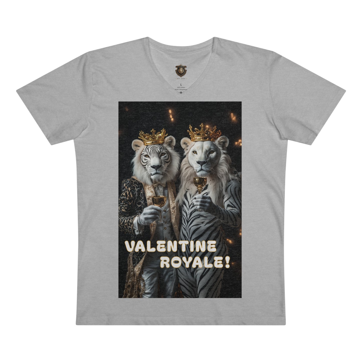 "Valentine Royale" V-Neck – 100% Organic Cotton, Elegant Lion Toast Design