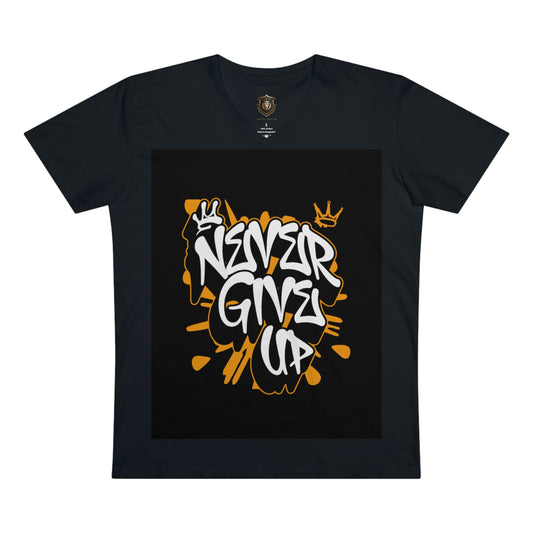 "Never Give Up" V-Neck T-Shirt – Organic Cotton, Bold Statement Design