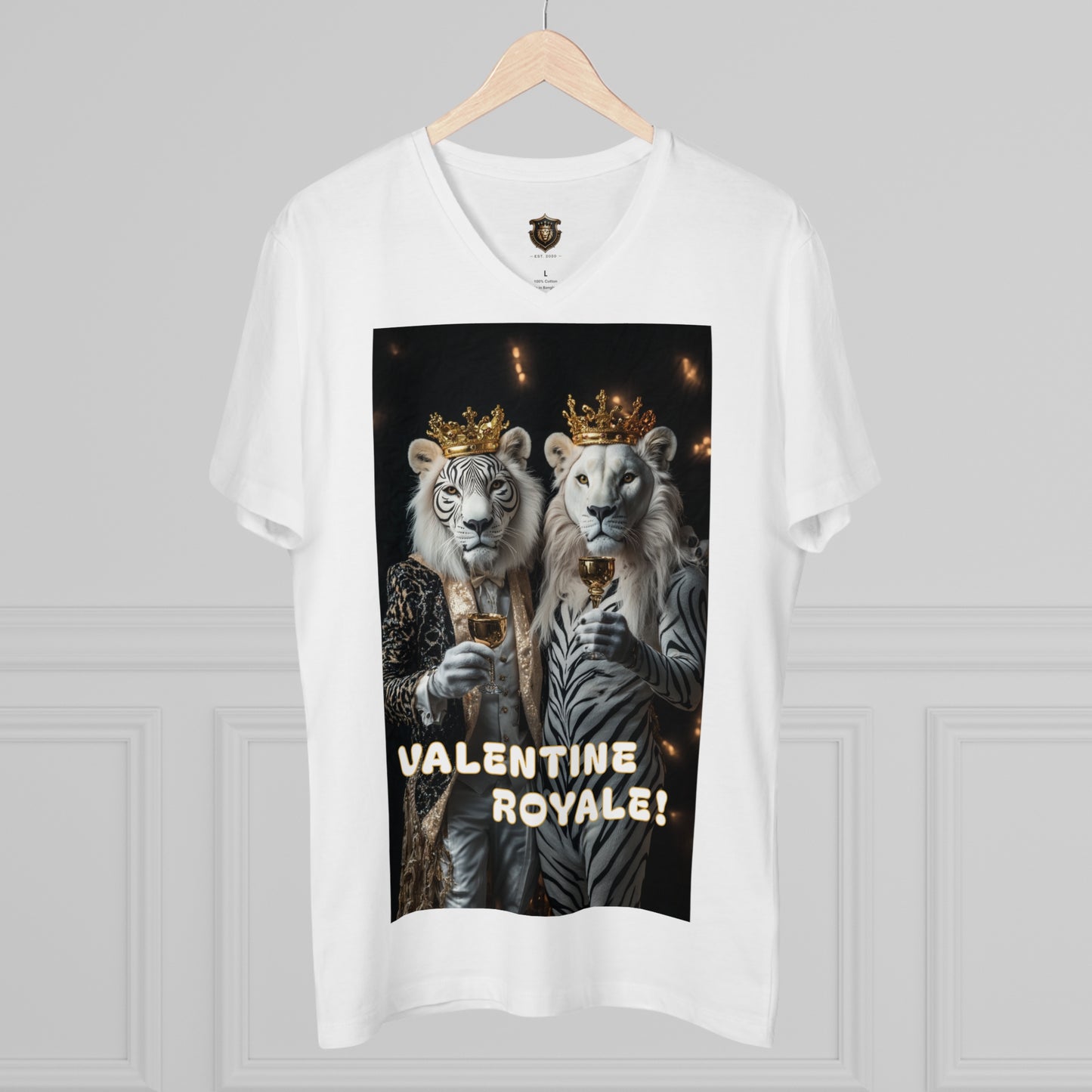 "Valentine Royale" V-Neck – 100% Organic Cotton, Elegant Lion Toast Design