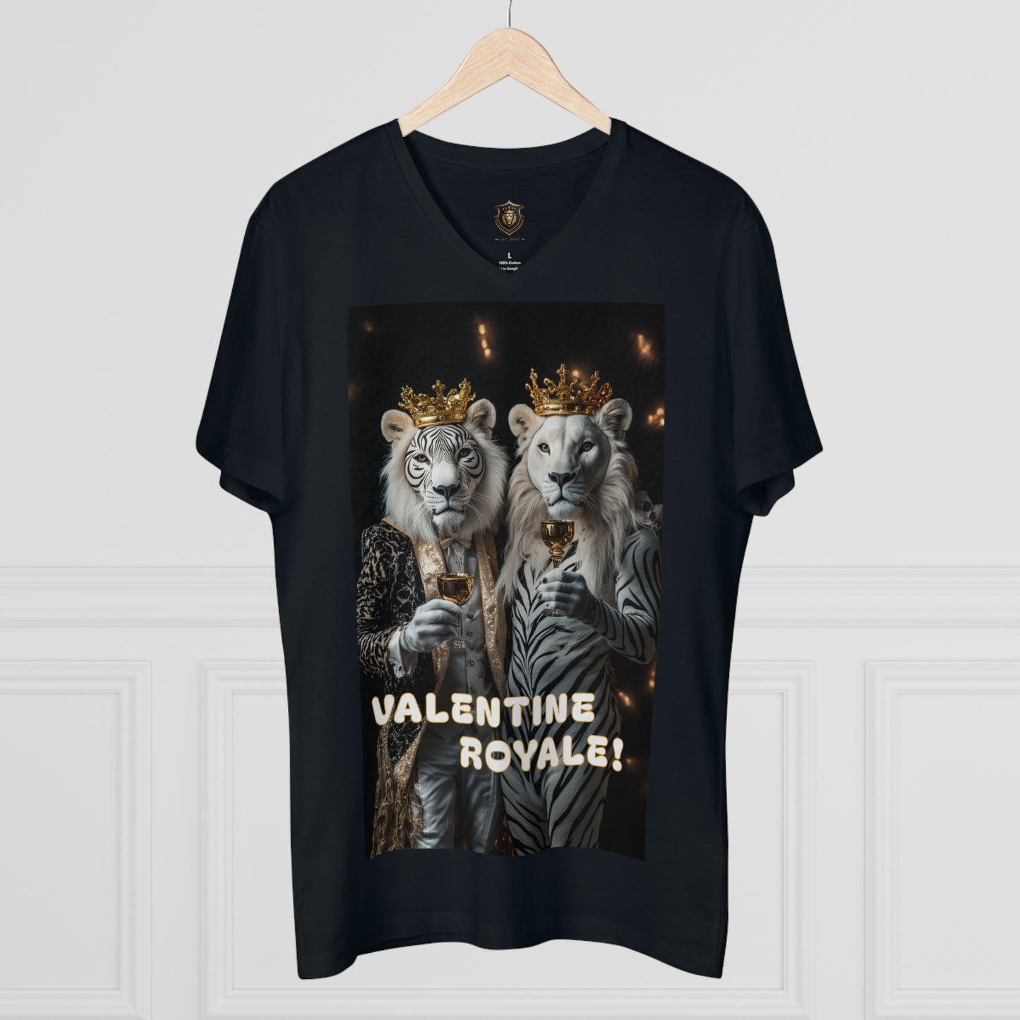 "Valentine Royale" V-Neck – 100% Organic Cotton, Elegant Lion Toast Design