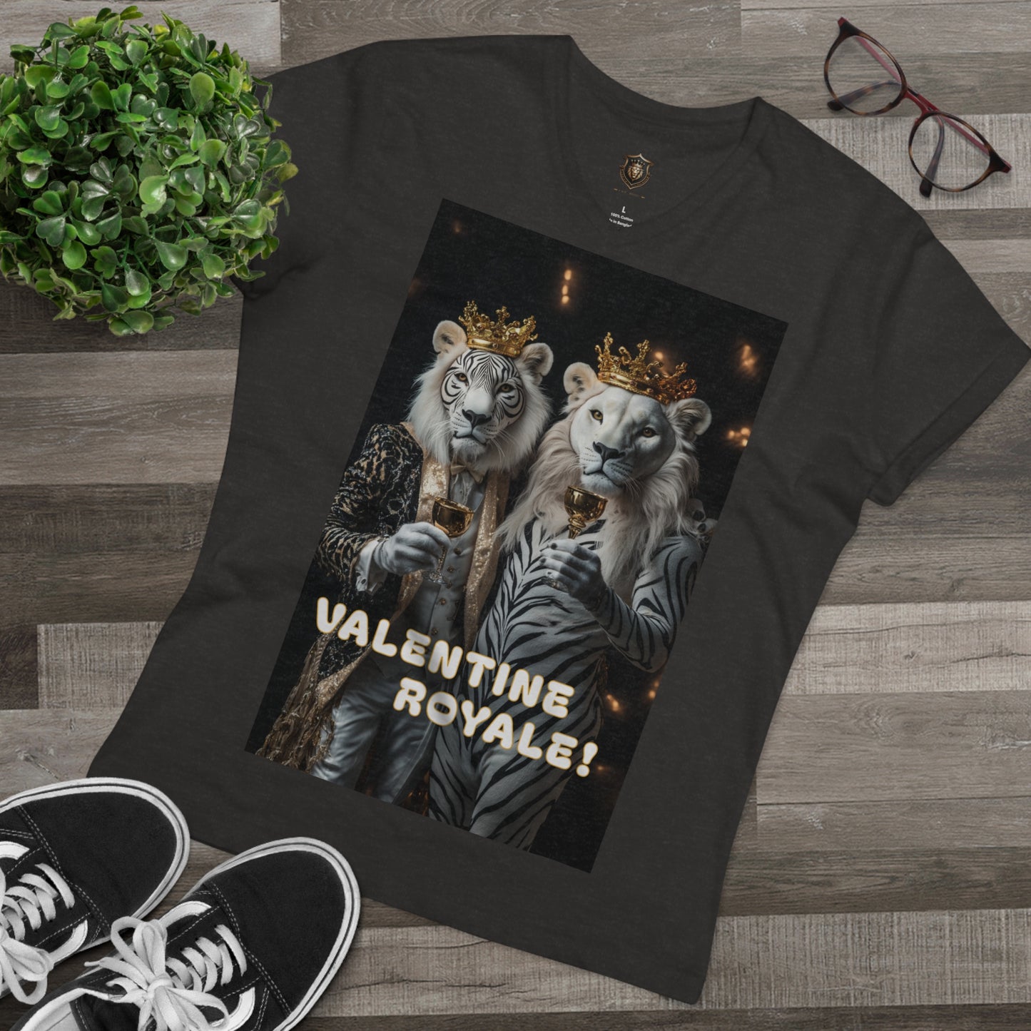 "Valentine Royale" V-Neck – 100% Organic Cotton, Elegant Lion Toast Design