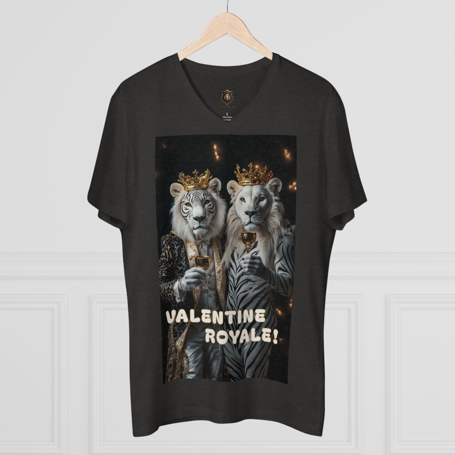 "Valentine Royale" V-Neck – 100% Organic Cotton, Elegant Lion Toast Design